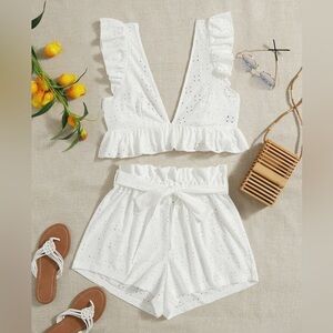 2 Piece Eyelet Shorts Set flutter top paper bag shorts